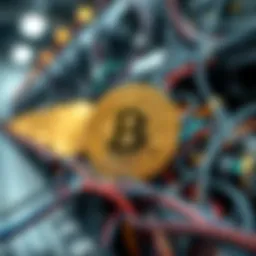 Conceptual representation of Bitcoin mining and blockchain technology.