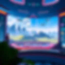 A futuristic blockchain game interface showcasing avatars and landscapes